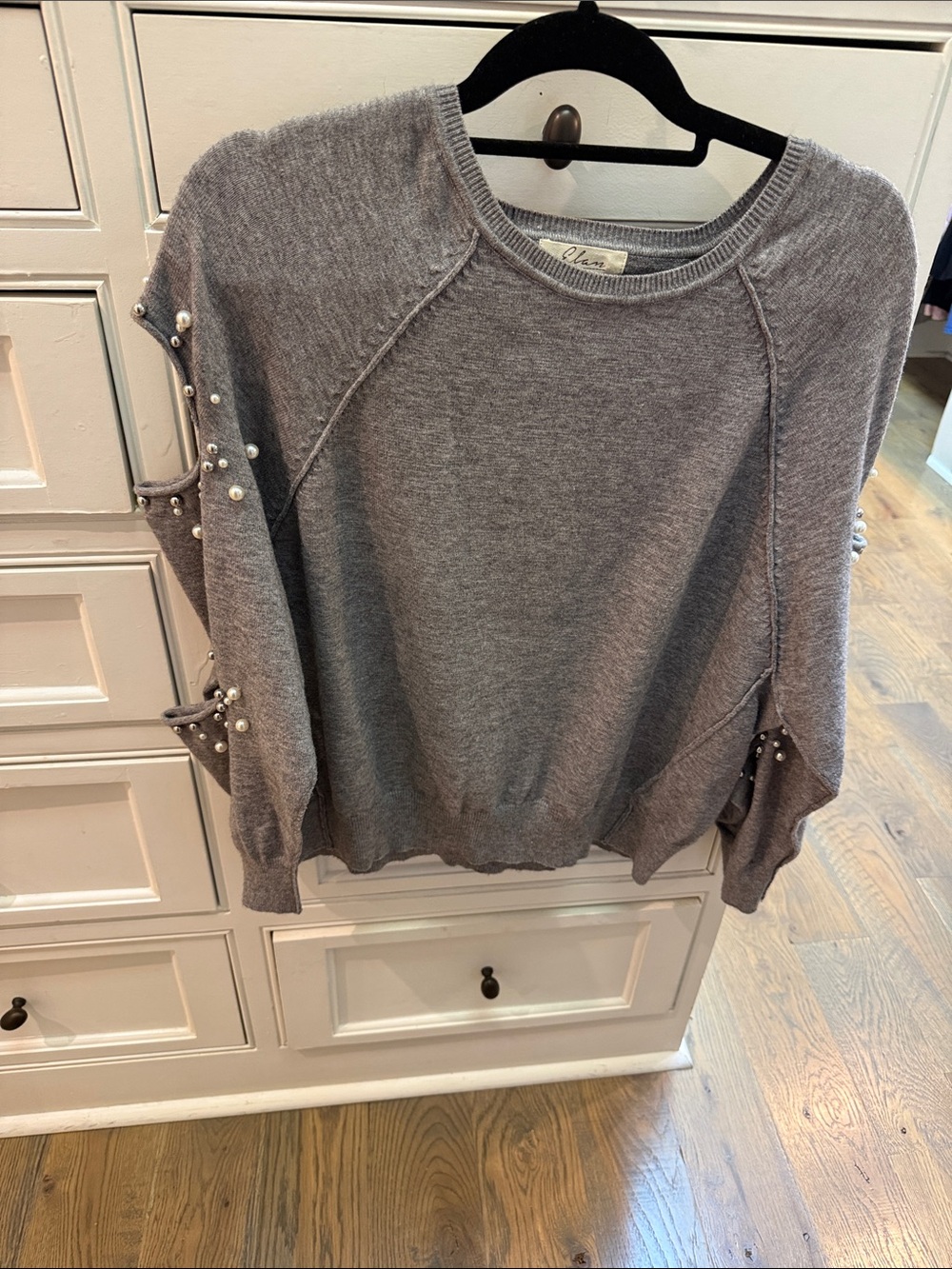 Pearl Embellished Gray Cold-Shoulder Sweater